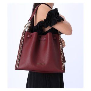 Michael Kors Mina Large Chain Shoulder Bag Hobo Tote Dark Cherry Pebbled Leather